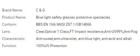 Blue light safety glasses protective spectacles