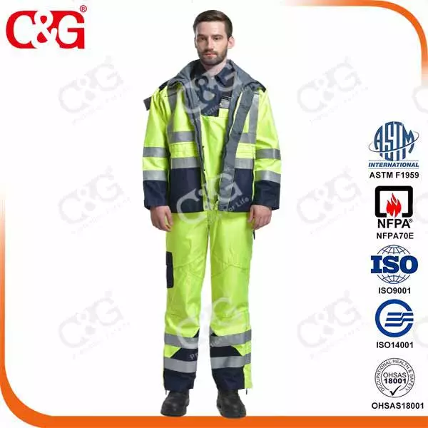 Electrical arc and flame resistant military raincoat with 3m reflective stripe