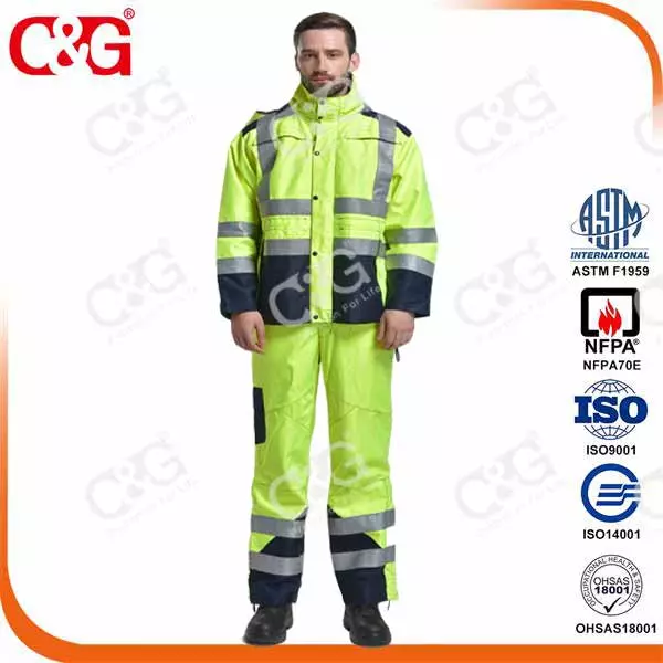 Electrical arc and flame resistant military raincoat with 3m reflective stripe