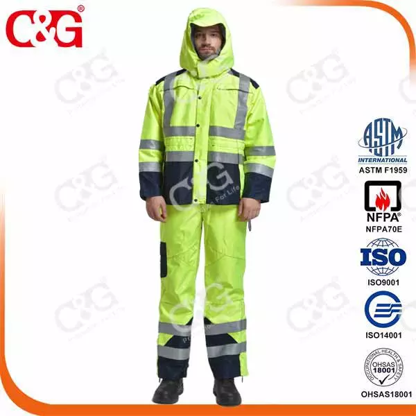 Electrical arc and flame resistant military raincoat with 3m reflective stripe