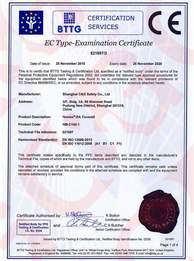 CE certificate 521997 2 Nomex IIIA 150gsm